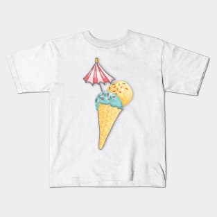 Ice cream waffles and cherries on light blue Kids T-Shirt